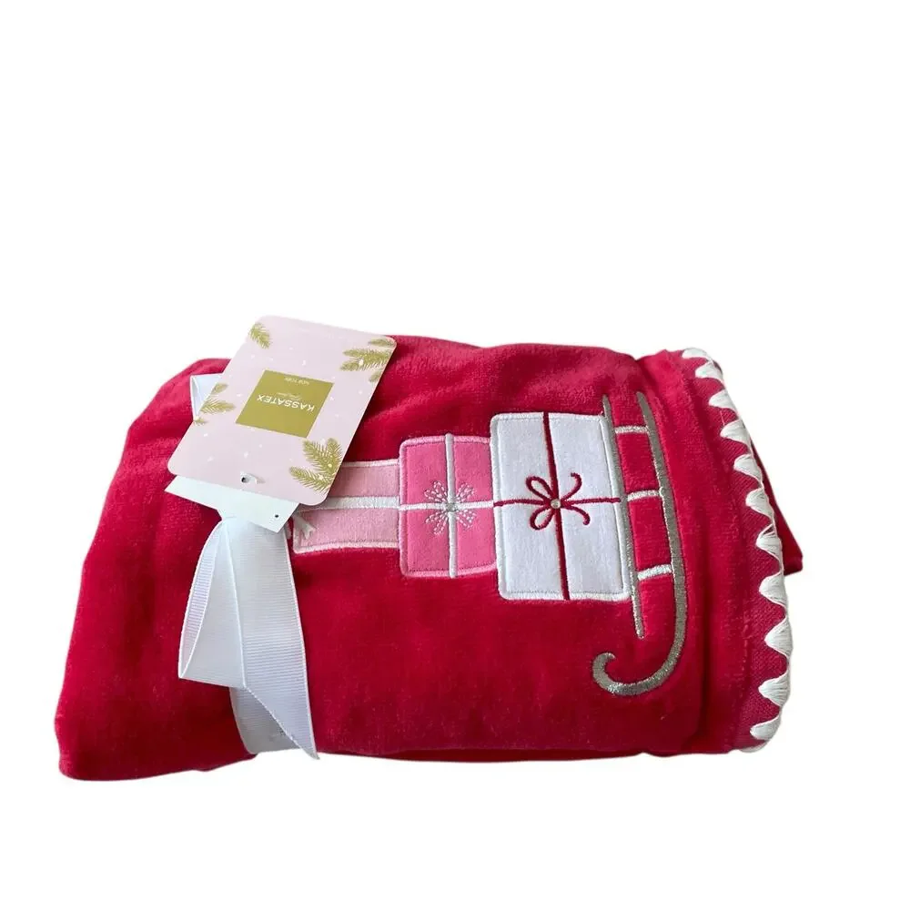 2pc Kassatex Christmas Hand Towels Embroidered Presents on Sled Red Pink NEW
